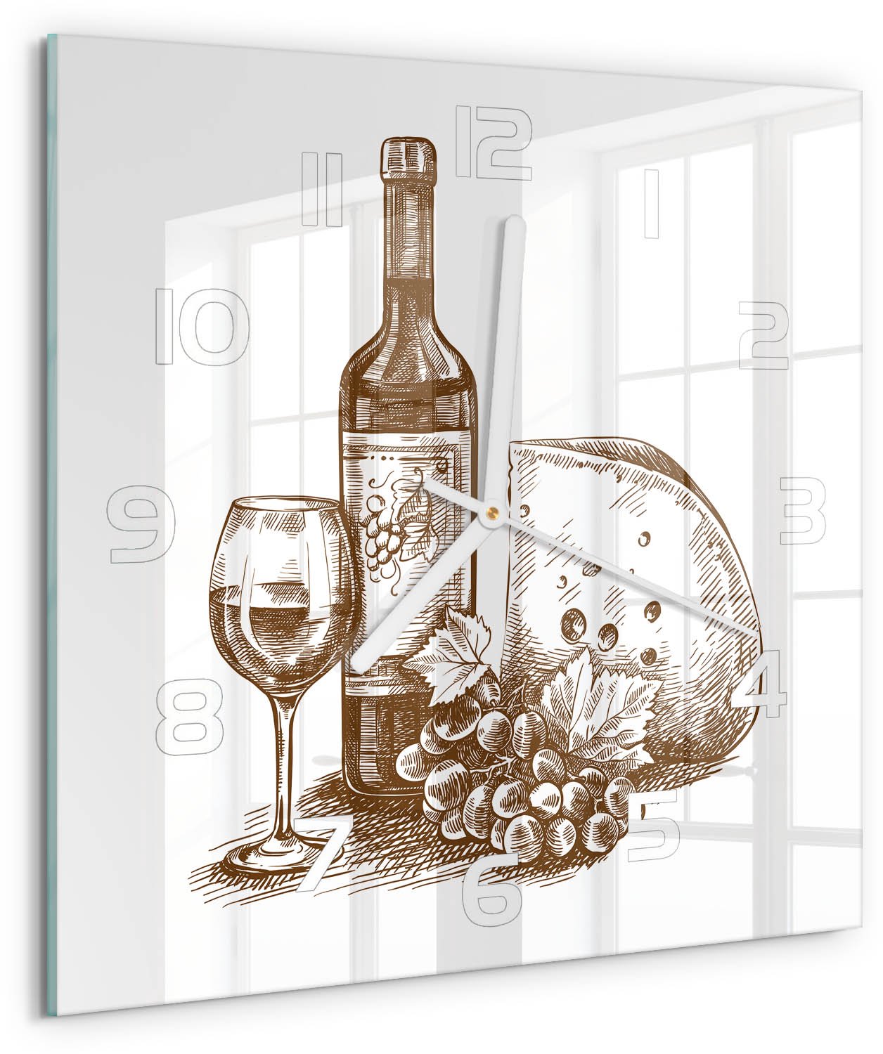 Tulup Wandklok - Wijn en hapjes Gekleurde Glazen Klok - 30x30 cm - Zwart-wit Glazen Klok Met Print - Witte handen - Vierkante Klok - Moderne Wandklok Glas - Wandklok Glas Decoratie