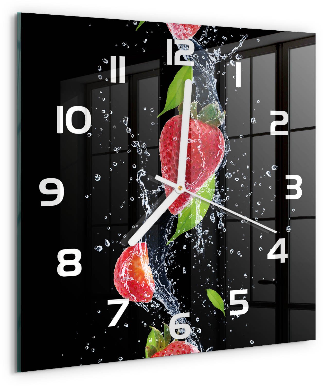 Tulup Wandklok - Aardbeien en water Wandklok Glas Met Motief - 30x30 cm - Rood Decoratieve Glazen Klok - Witte handen - Vierkante Klok - Gekleurde Glazen Klok - Glazen Klok Met Print