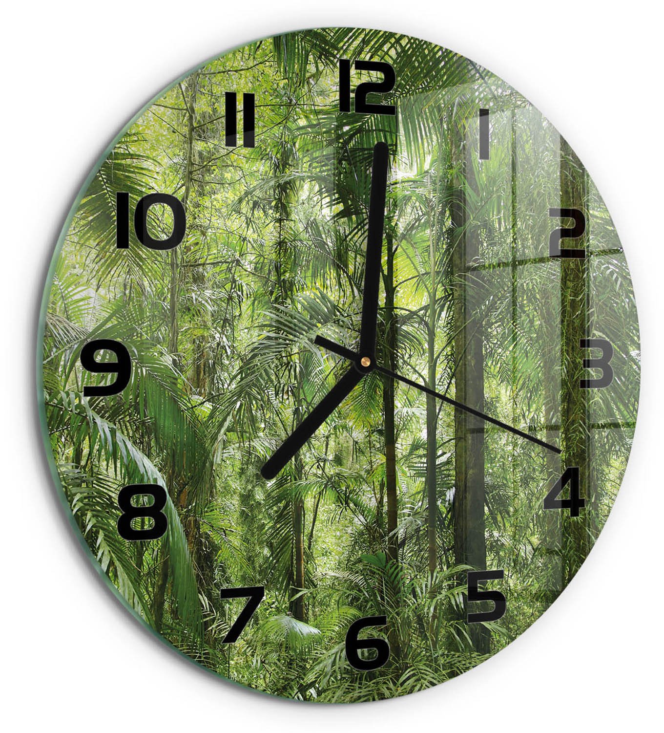 TULUP Wandklok - Tropisch bos Glazen Klok Met Print - fi30 cm - Groente Wandklok Glas Met Motief - Zwarte handen - Ronde Klok - Wandklok Glas Decoratie - Gekleurde Glazen Klok