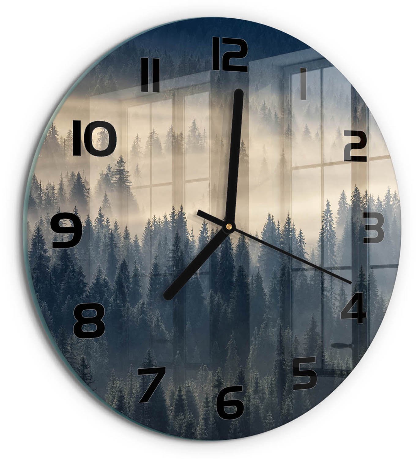 TULUP Wandklok - Mist boven het bos Moderne Wandklok Glas - fi30 cm - Grijs Wandklok Glas Decoratie - Zwarte handen - Ronde Klok - Glazen Wandklok Design - Klok Glas Met Opdruk