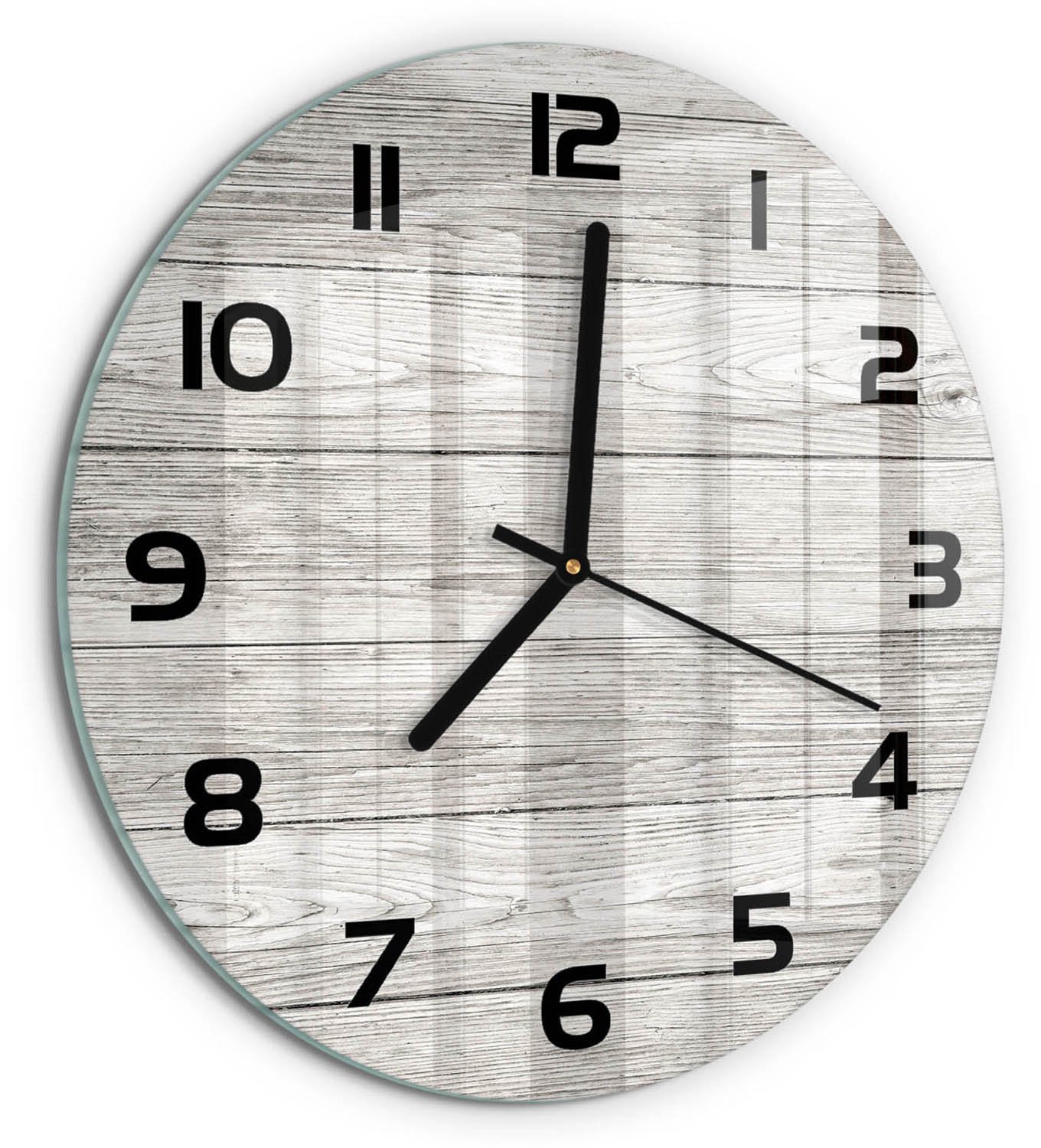 TULUP Wandklok - Houten achtergrond Glazen Klok Met Print - fi30 cm - Grijs Wandklok Glas Met Motief - Zwarte handen - Ronde Klok - Wandklok Glas Decoratie - Gekleurde Glazen Klok