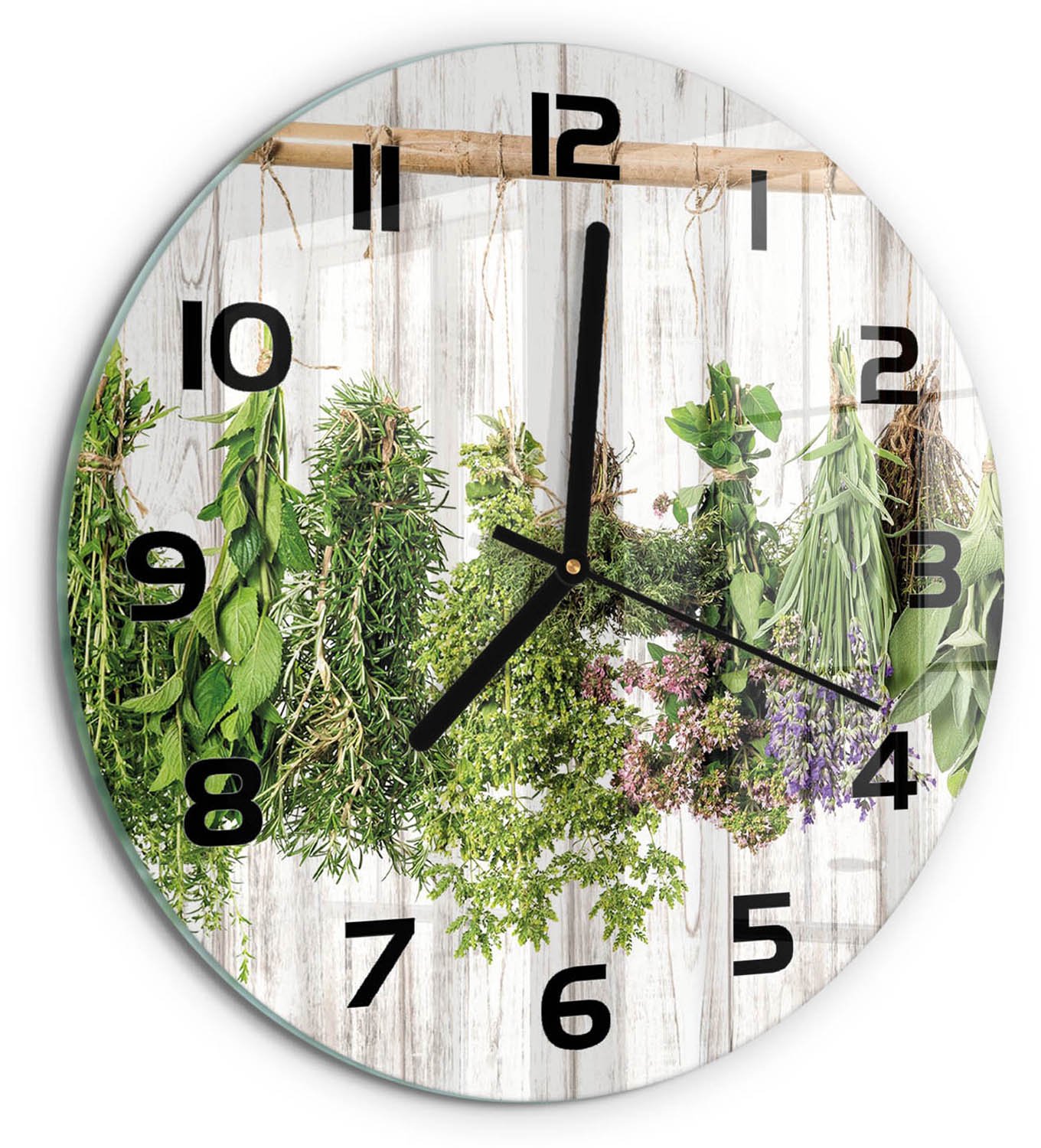TULUP Wandklok - Kruiden aan een touwtje Wandklok Glas Met Motief - fi30 cm - Groente Decoratieve Glazen Klok - Zwarte handen - Ronde Klok - Gekleurde Glazen Klok - Glazen Klok Met Print