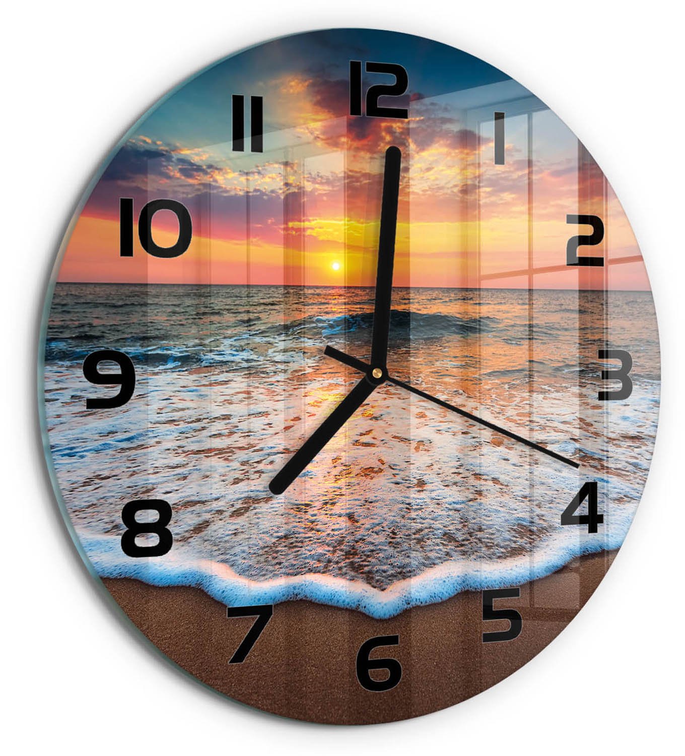 TULUP Wandklok - Zonsondergang op zee Moderne Wandklok Glas - fi30 cm - Oranje Wandklok Glas Decoratie - Zwarte handen - Ronde Klok - Glazen Wandklok Design - Klok Glas Met Opdruk