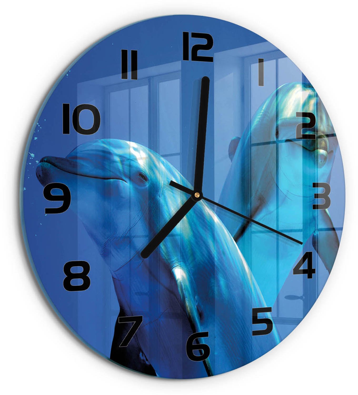 TULUP Wandklok - Twee dolfijnen Wandklok Glas Met Motief - fi30 cm - Blauw Decoratieve Glazen Klok - Zwarte handen - Ronde Klok - Gekleurde Glazen Klok - Glazen Klok Met Print