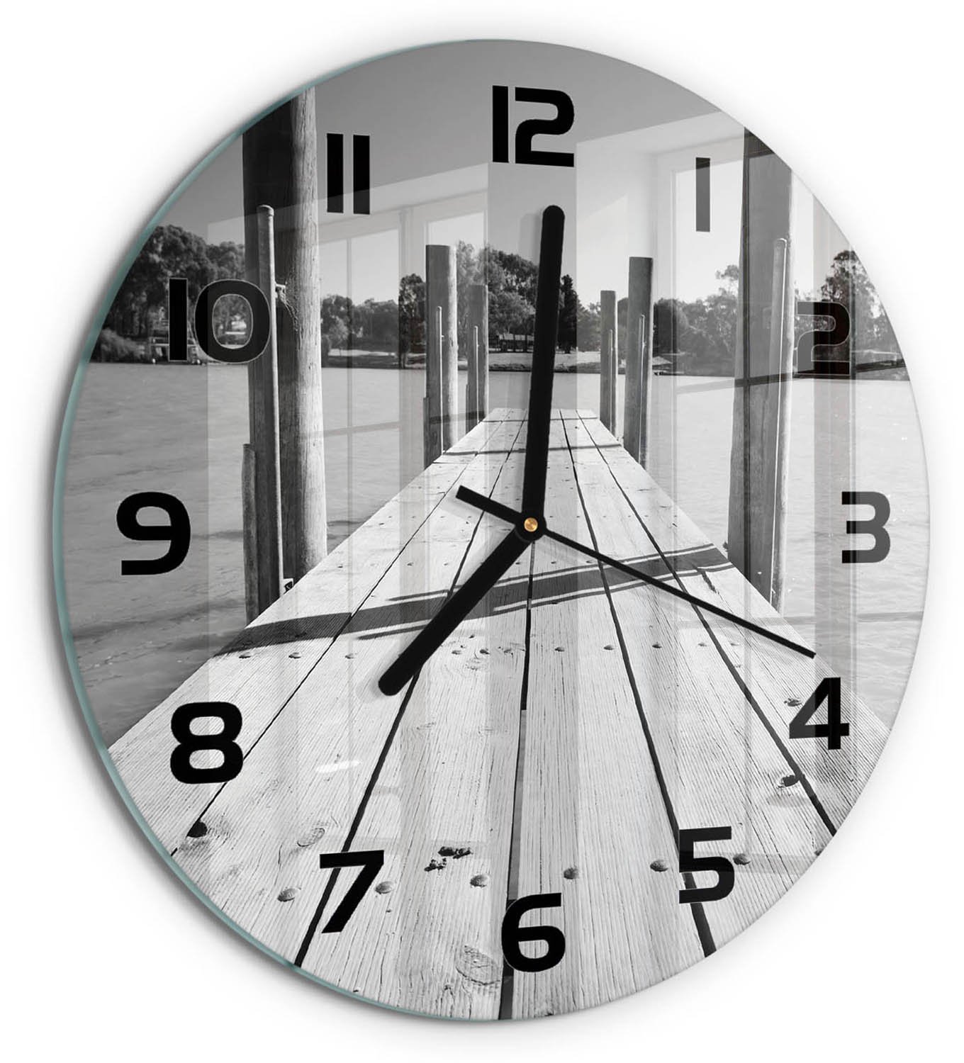 TULUP Wandklok - Houten brug Glazen Wandklok Design - fi30 cm - Zwart-wit Klok Glas Met Opdruk - Zwarte handen - Ronde Klok - Wandklok Glas Met Motief - Decoratieve Glazen Klok