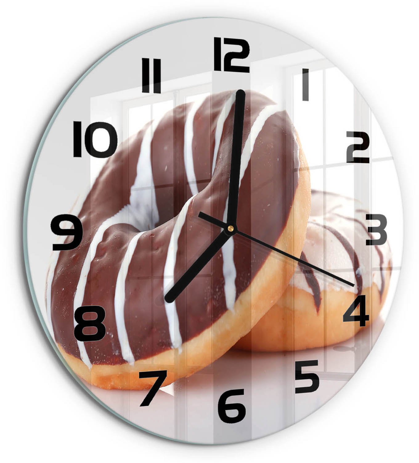TULUP Wandklok - Chocoladedonuts Glazen Klok Met Print - fi30 cm - Bruin Wandklok Glas Met Motief - Zwarte handen - Ronde Klok - Wandklok Glas Decoratie - Gekleurde Glazen Klok