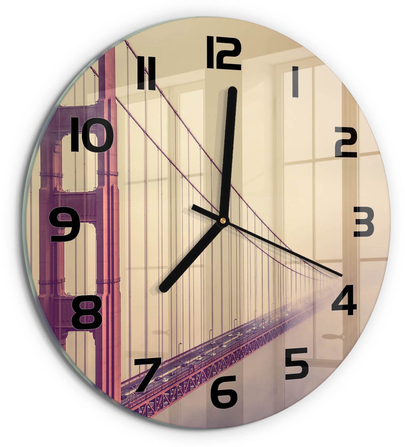 TULUP Wandklok - San Francisco-brug Gekleurde Glazen Klok - fi30 cm - Rood Glazen Klok Met Print - Zwarte handen - Ronde Klok - Moderne Wandklok Glas - Wandklok Glas Decoratie
