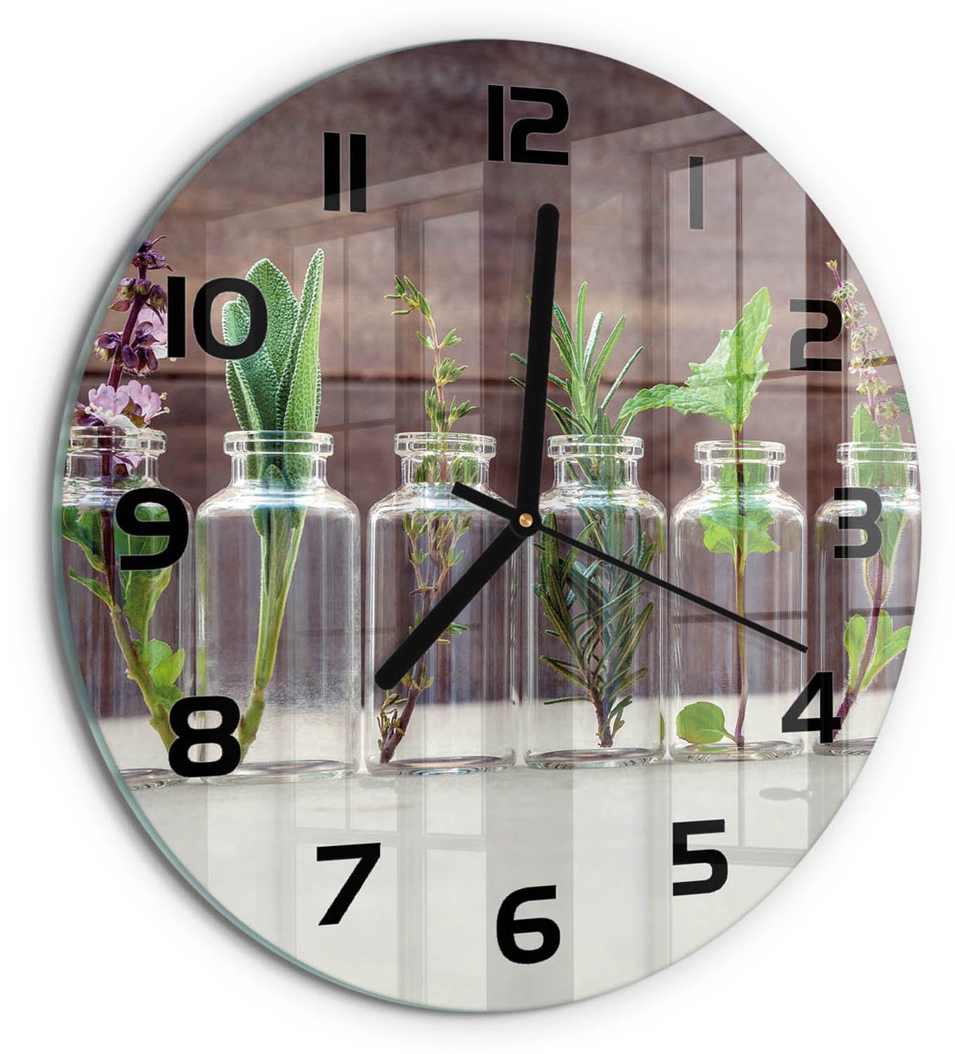 TULUP Wandklok - Planten in glazen Klok Glas Met Opdruk - fi30 cm - Groente Moderne Wandklok Glas - Zwarte handen - Ronde Klok - Decoratieve Glazen Klok - Glazen Wandklok Design
