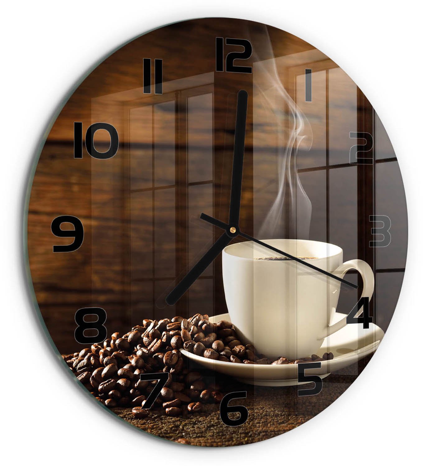 TULUP Wandklok - Kopje koffie Wandklok Glas Decoratie - fi30 cm - Bruin Gekleurde Glazen Klok - Zwarte handen - Ronde Klok - Klok Glas Met Opdruk - Moderne Wandklok Glas