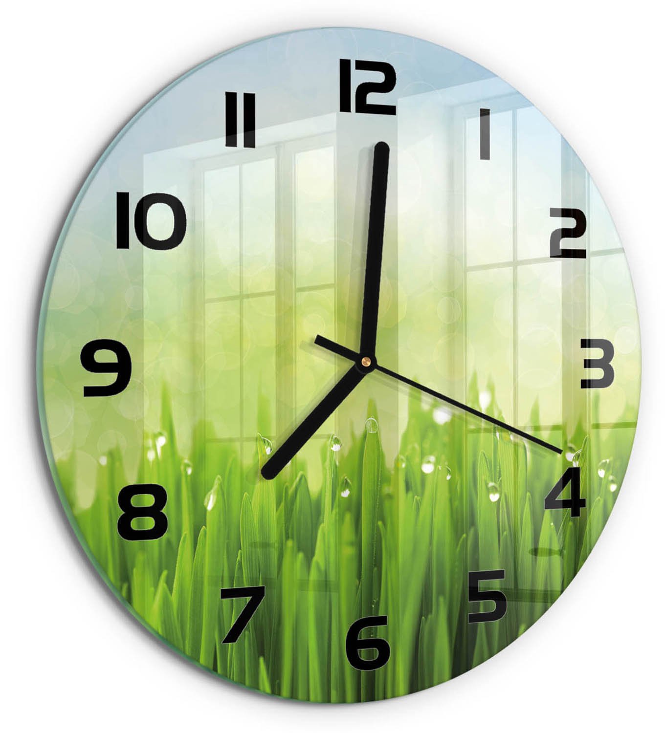 TULUP Wandklok - Gras Klok Glas Met Opdruk - fi30 cm - Groente Moderne Wandklok Glas - Zwarte handen - Ronde Klok - Decoratieve Glazen Klok - Glazen Wandklok Design