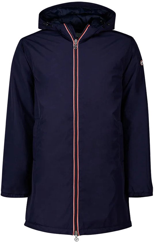 Vooraanzicht van een donkerblauwe Petrol Industries parka met capuchon en een opvallende oranje-witte rits.