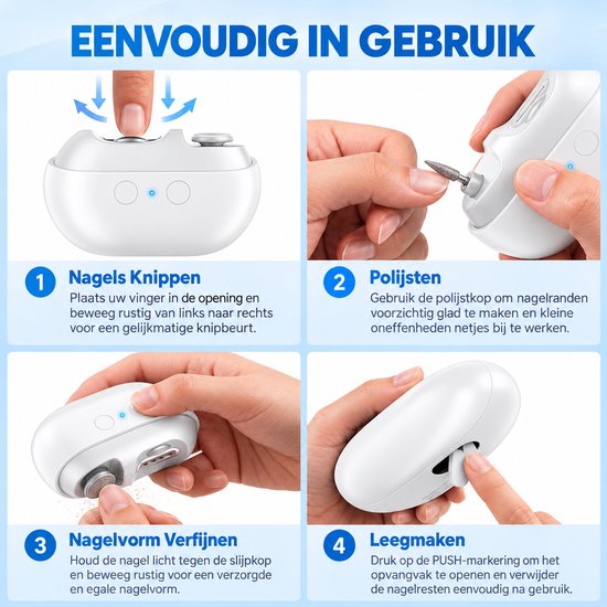 Stappenplan voor gebruik: knippen, polijsten, nagelvorm verfijnen en leegmaken van de elektrische nagelknipper.
