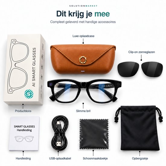 SolutionMarket Camera Bril / Smart Glasses – 8MP – Full HD – AI Vertaling – Bellen & Muziek – Clip-on Zonnebril – Bruine Oplaadcase — afbeelding 5