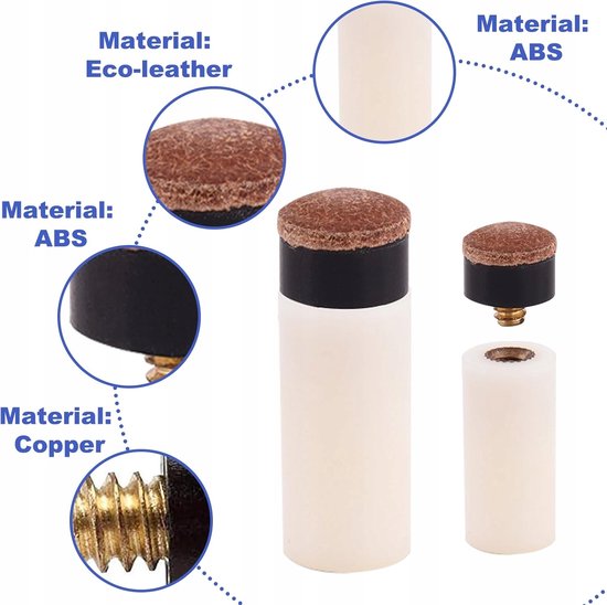 Set van 10 Biljartkeu Tips (10mm Leer) met Hulzen — afbeelding 4