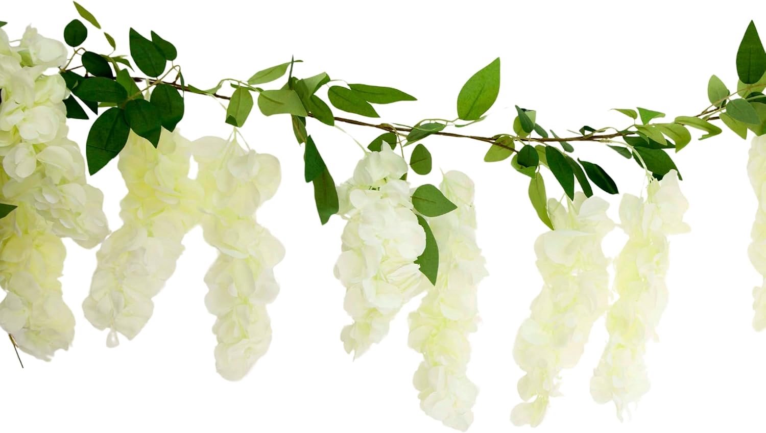 Bloemeng Garland 163 cm - ivoorkleurige wisteria met groene bladeren - realistisch ontwerp - perfect voor decoratie - Vemera
