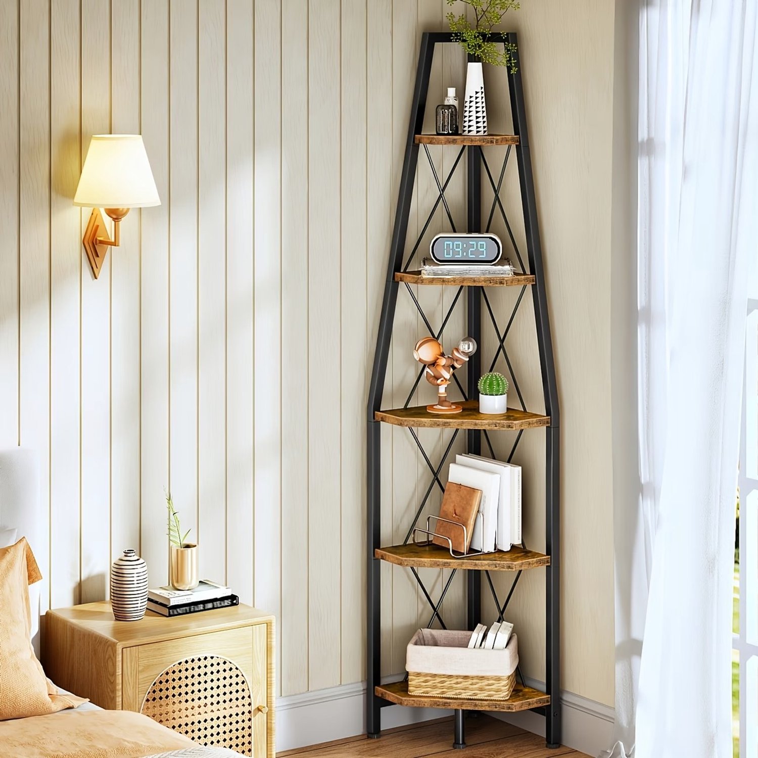 165.61cm Hoekplank | 5-Laags Trapezium Display Plank Met Gouden Metalen Frame, Multifunctionele Opbergkast | Retro Bruin