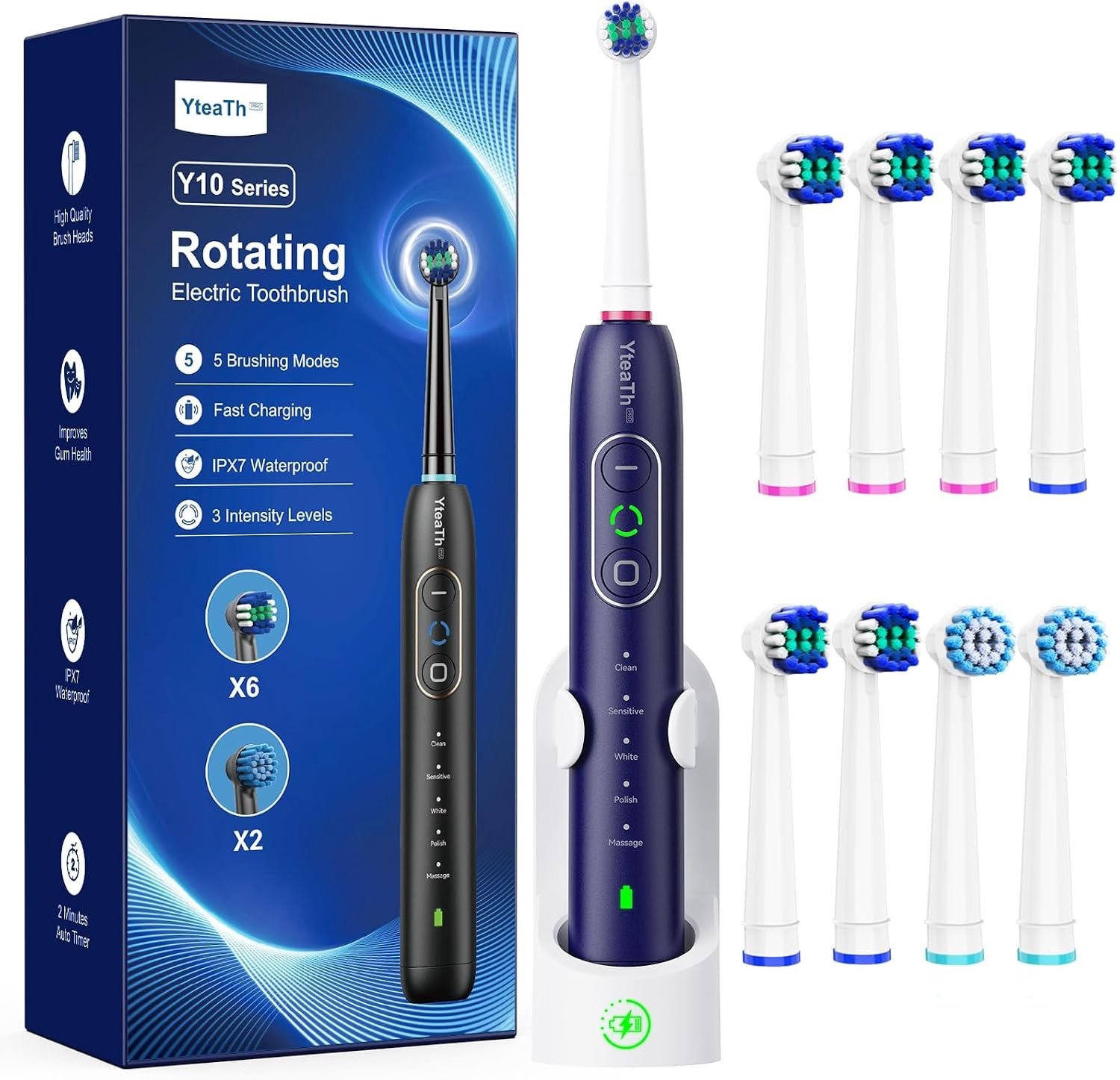 Elektrische Tandenborstel - Blauw - - Draaibaar met 8 Borstelkoppen - Voor Volwassenen
