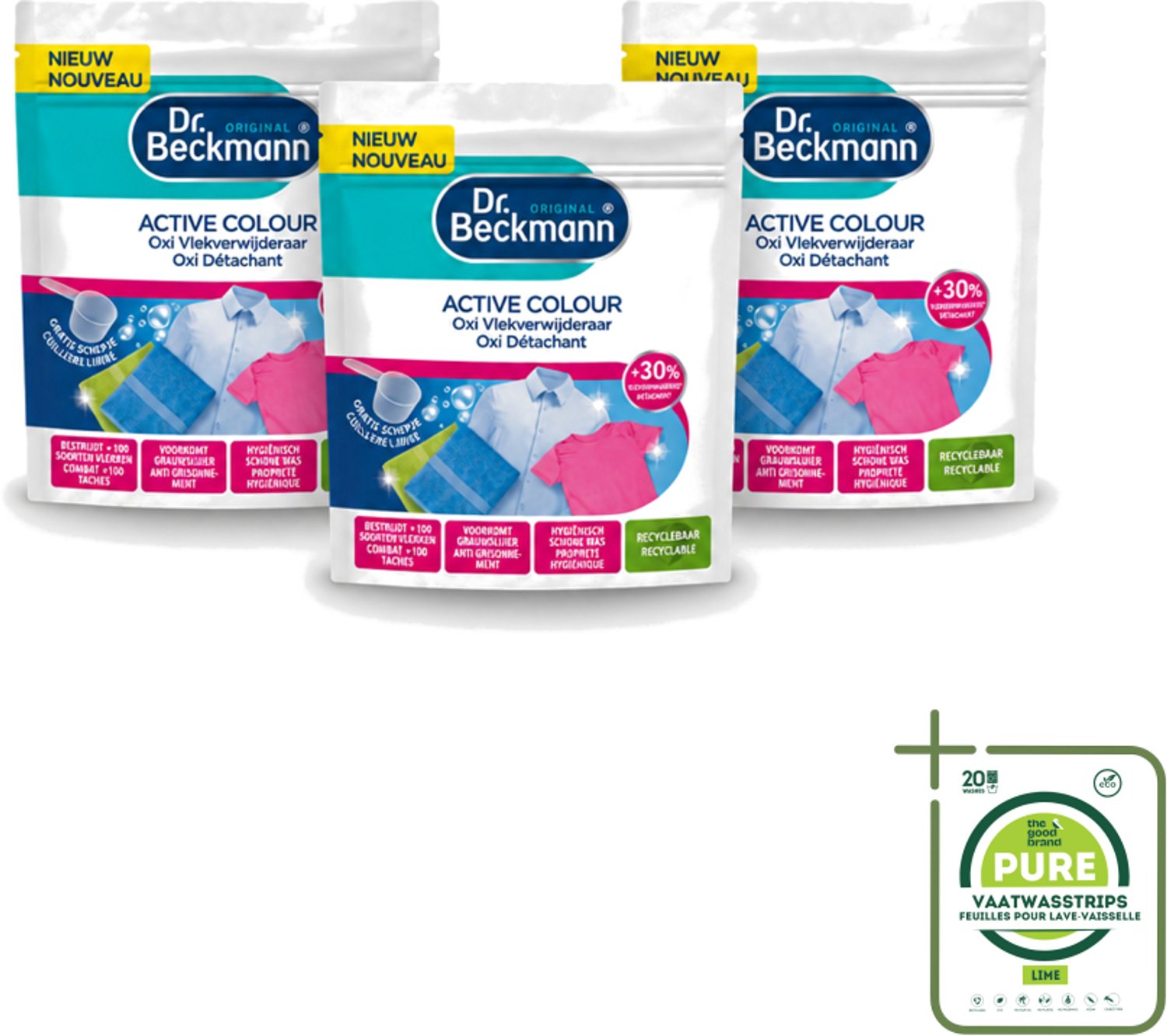 3 x Dr. Beckmann – Active Colour Oxi – Vlekverwijderaar – 400 g - Grootverpakking - Vaatwasstrips - Vlekverwijdering - Kleurbehoud - Oxi Poeder - Wasmiddel - Wasmachine