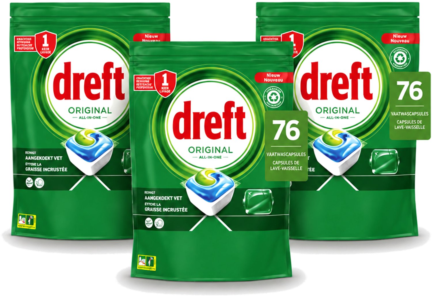3 x Dreft – Vaatwascapsules – Original All-in-One – 76 Capsules - Voordeelverpakking - 3 stuks