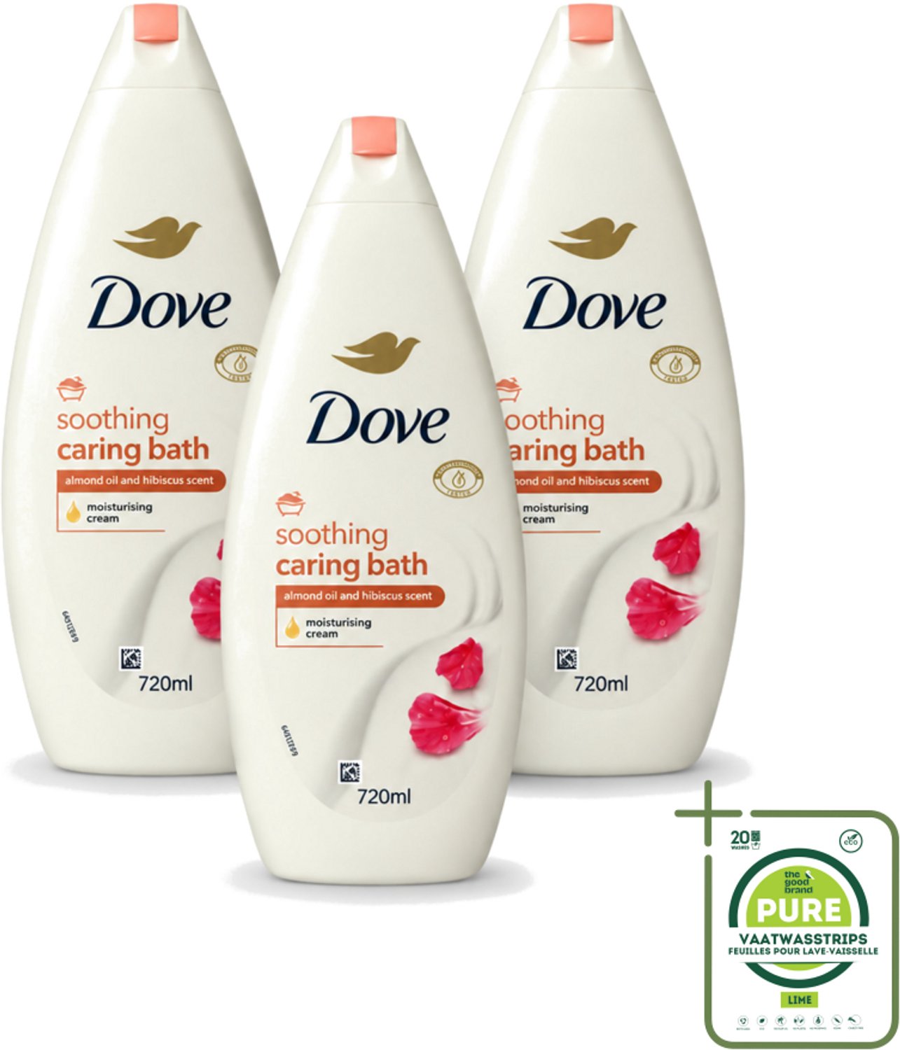 3 x Dove – Badcrème – Soothing Almond Oil & Hibiscus – 720 ml - Grootverpakking - Vaatwasstrips - Douchegel - Huidverzorging - Kalmerend - Schuim - Amandelolie