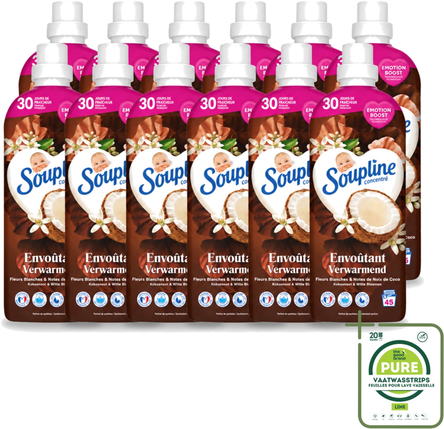 12 x Soupline – Wasverzachter – Verwarmende Kokosnoot & Witte Bloemen – 950 ml - Grootverpakking - Vaatwasstrips - Wasverzachter - Kokosnoot - Witte Bloemen - Warme Geur - Wasgoed