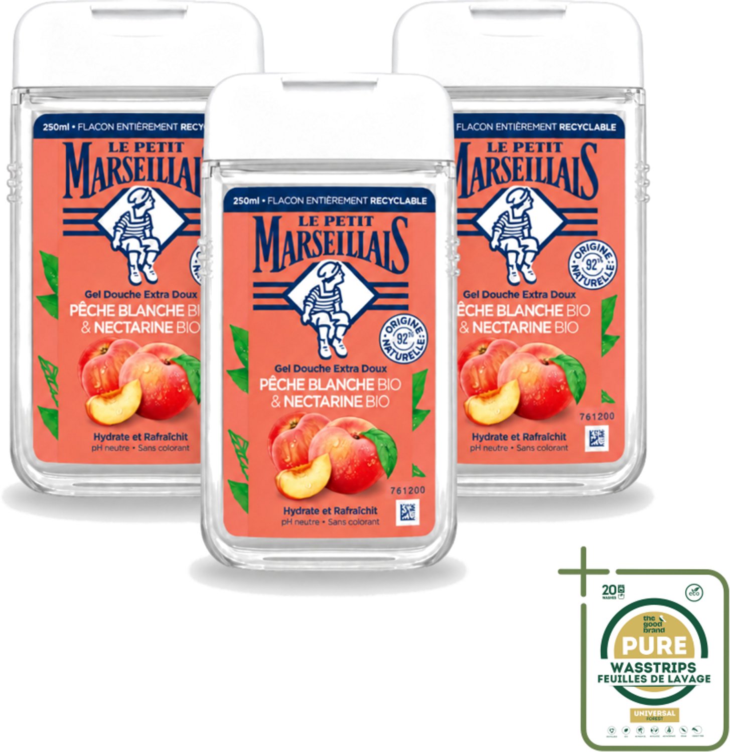3 x Le Petit Marseillais – Douchegel – Pêche Blanche & Nectarine Bio – 250 ml - Wasstrips - Douchegel - Biologische Douchegel - Perzik En Nectarine - Fruitige Geur - Zachte Reiniging