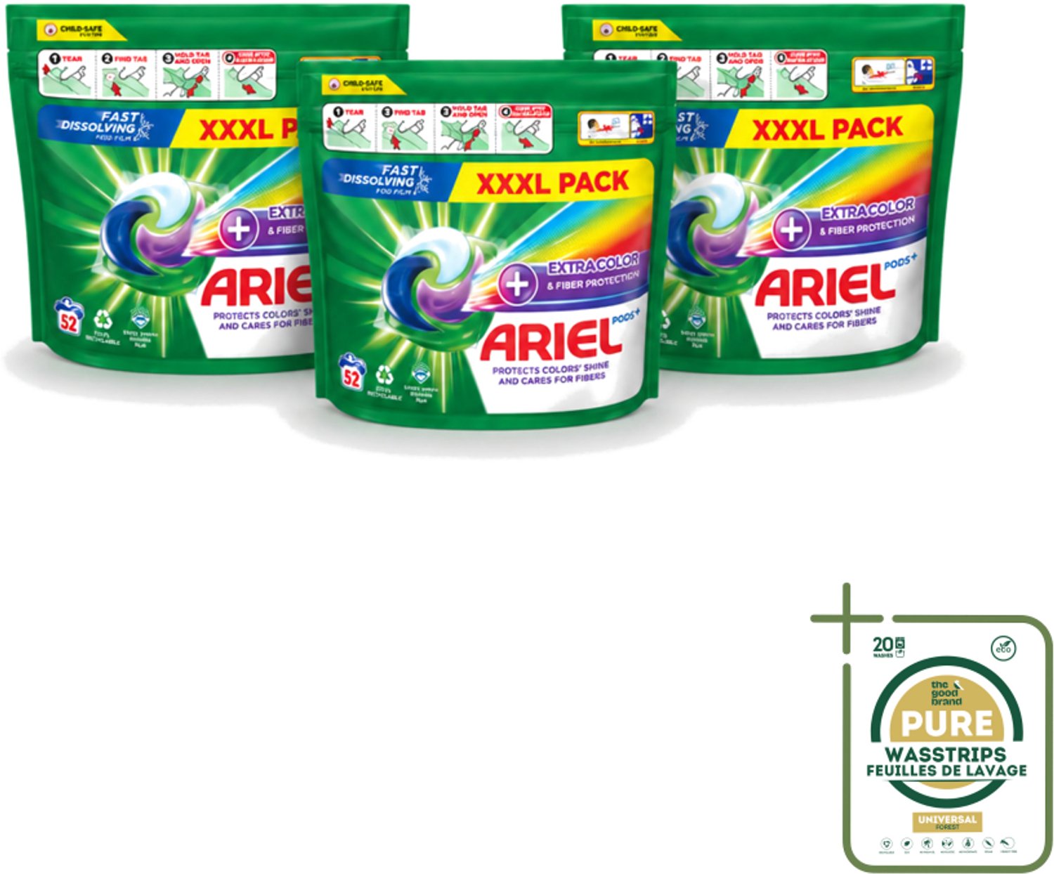 3 x Ariel – Waspods – Fiber Protection – 52 wasbeurten - Wasstrips - Vezelbescherming - Wasmiddel Pod - Kleding Reinigen - Kleur Beschermen - Wasmiddel 52 Beurten