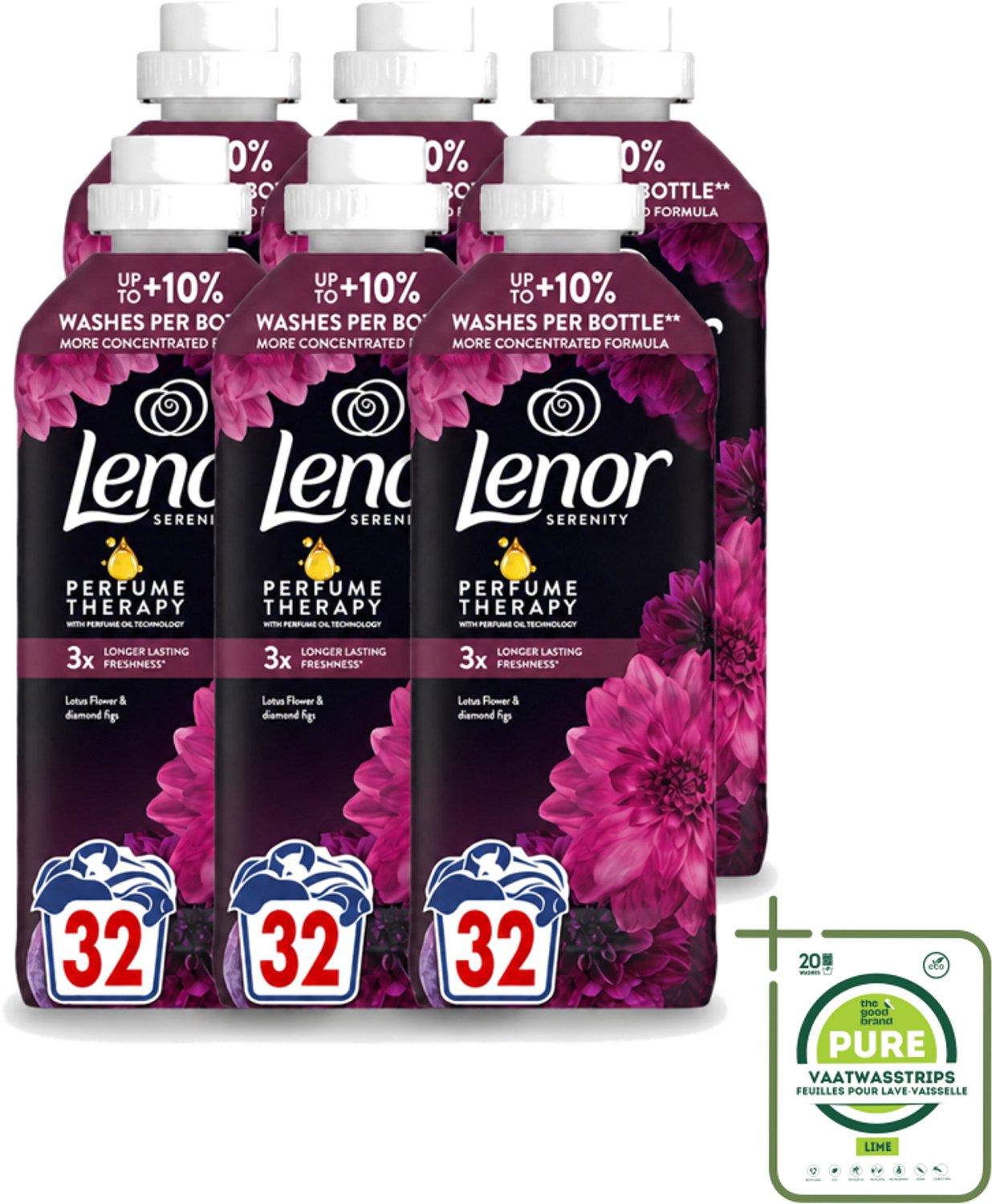 6 x Lenor – Wasverzachter – Lotus Flower & Diamond Figs – 32 Wasbeurten – 675 ml - Grootverpakking - Vaatwasstrips - Wasverzachter - Wasmachine - Geur - Wasbeurt - Kleding Verzachten