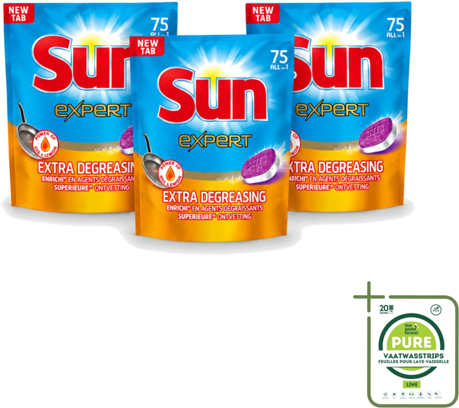 3 x Sun Expert - All-in-1 - Vaatwastabletten - Extra Ontvettend - 75 Tabletten - Grootverpakking - Vaatwasstrips - Vaatwastabletten - Vaatwasmiddel - Ontvetting - Vaatwasser - Vaat Reinigen