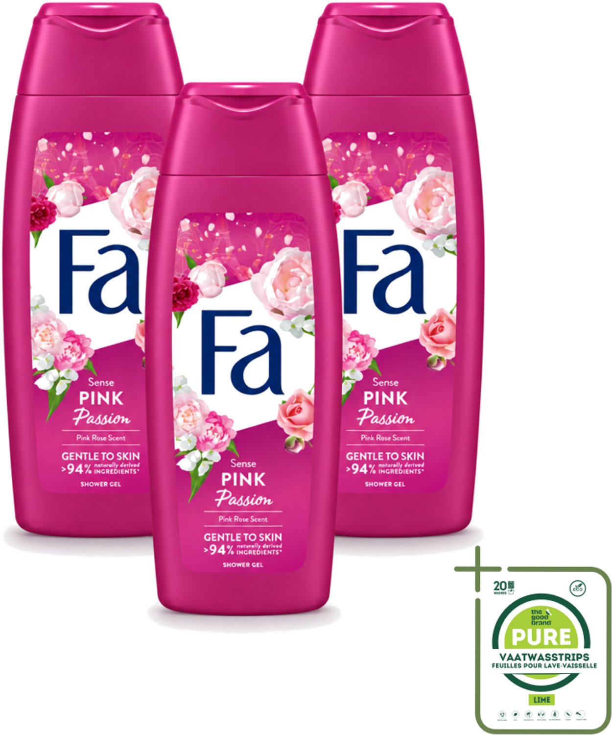 3 x Fa - Pink Passion - Douchegel - Roze Roos - 250 ml - Grootverpakking - Vaatwasstrips - Douchegel Roze Roos - Roze Roos Geur - Douchegel Voor Huid - Huid Verzorging - Verfrissende Douchegel
