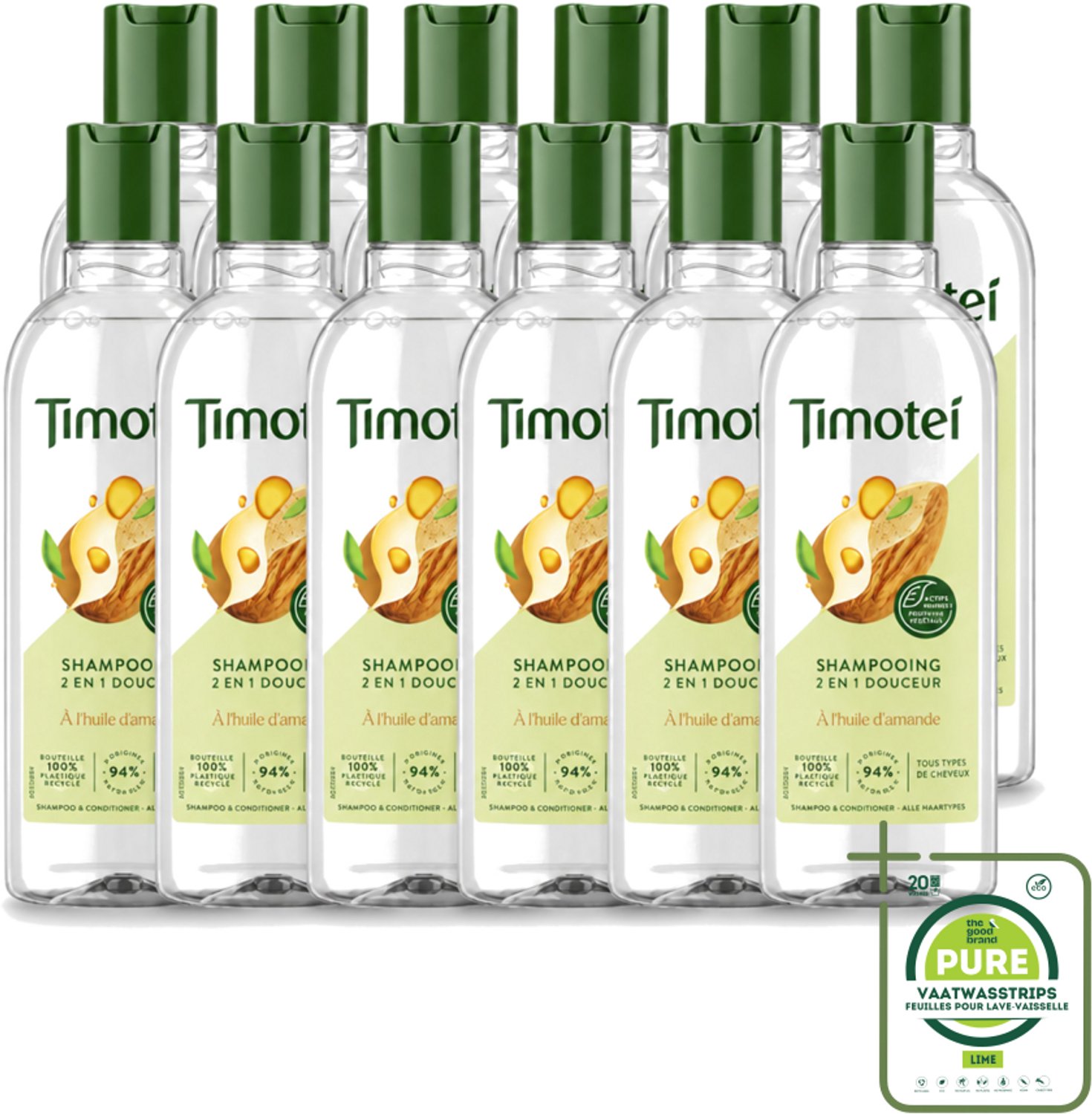 12 x Timotei - Shampoo - Amandelolie - 2in1 - Alle haartypes - 300ml - Grootverpakking - Vaatwasstrips - 2in1 Shampoo En Conditioner - Amandelolie Shampoo - Zachte Shampoo - Haarverzorging - Haardos Verzorging