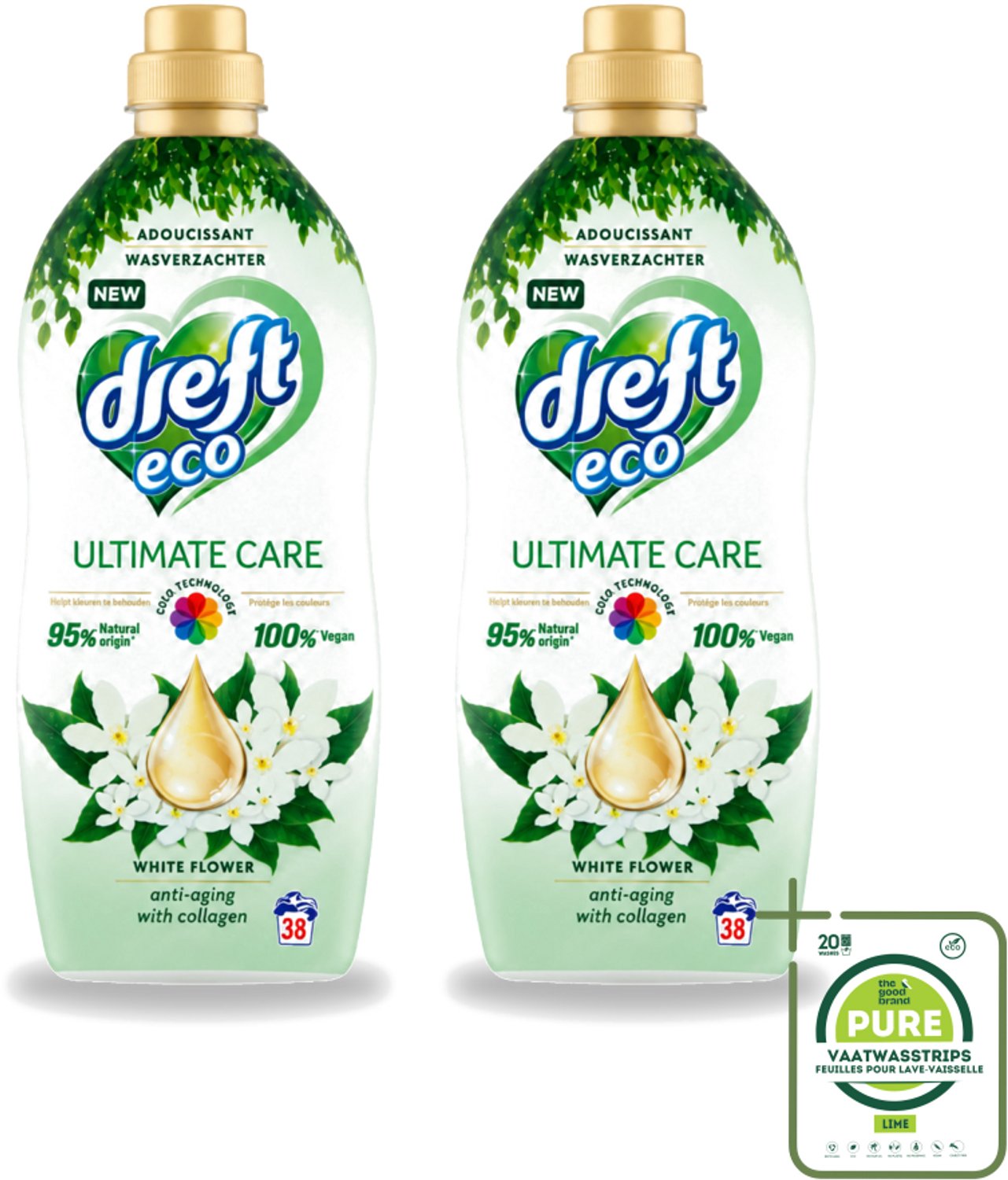 2 x Dreft ECO - Wasverzachter - Gekleurde Was - Witte Bloem - Anti-Veroudering - 38 Wasbeurten - Grootverpakking - Vaatwasstrips - Wasverzachter - Anti-aging - Kleurbescherming - Collageen - Wasgoed Verzorgen