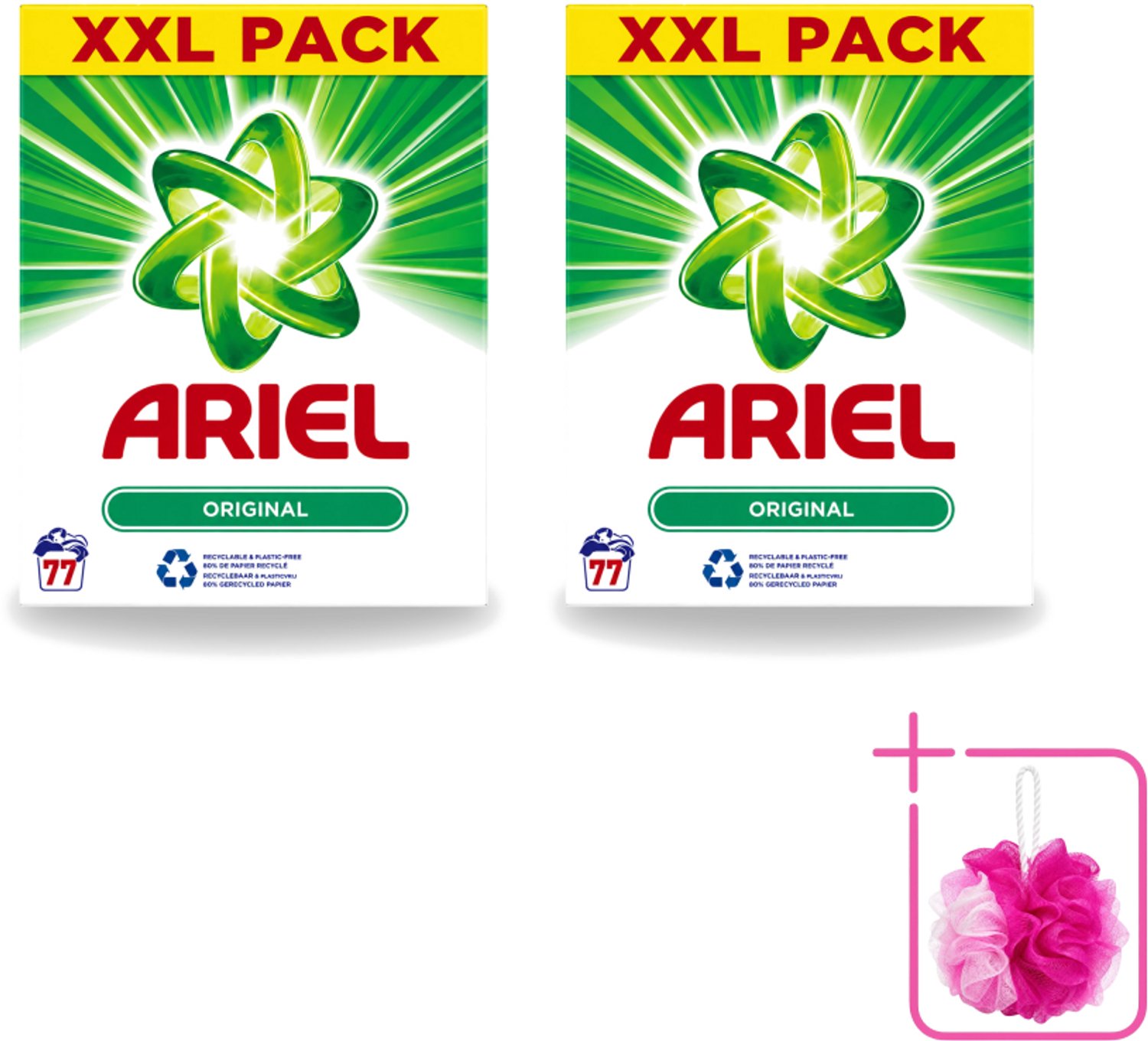 2 x Ariel Original XXL - Waspoeder - Witte en Lichtgekleurde Was - 77 Wasbeurten - Bulkverpakking - Waspoeder - Douchemop - Wasmiddel
