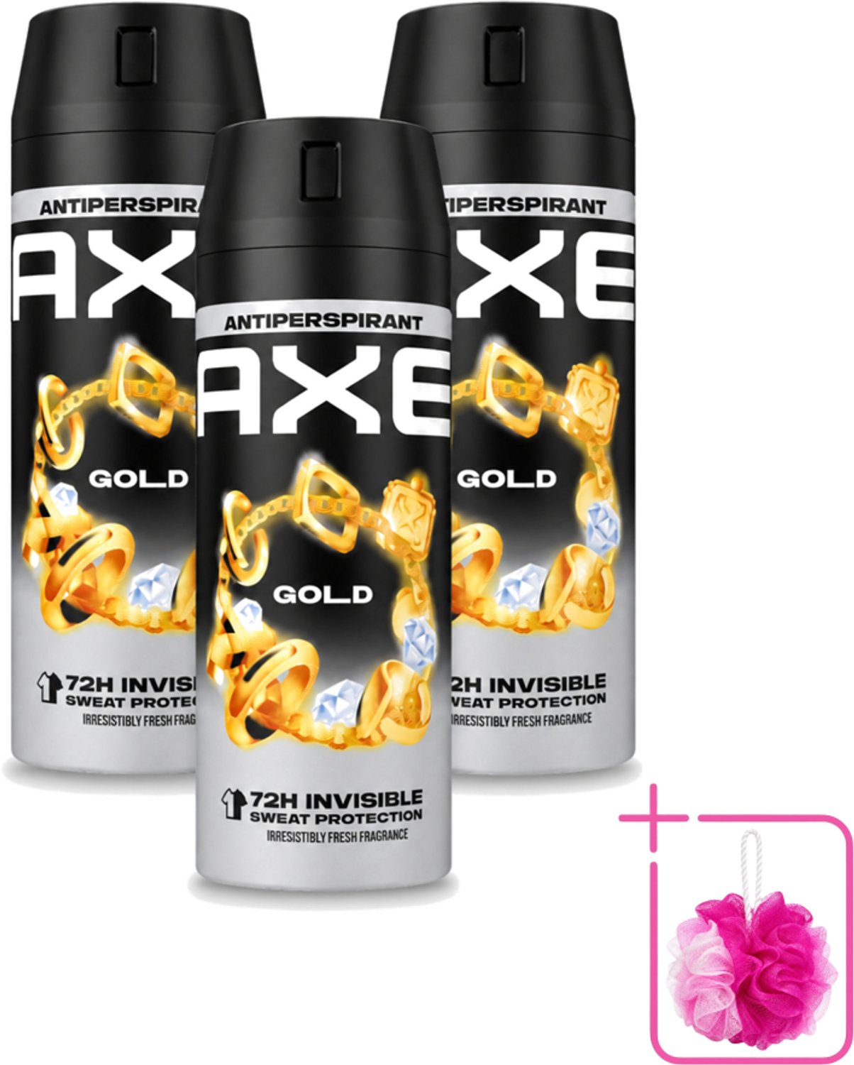 3 x Axe - Deodorant Spray - 72hrs Anti Sweat - Anti White Marks - Gold - 150 ml - Bulkverpakking - Anti transpirant spray - Douchemop - 72 uur bescherming