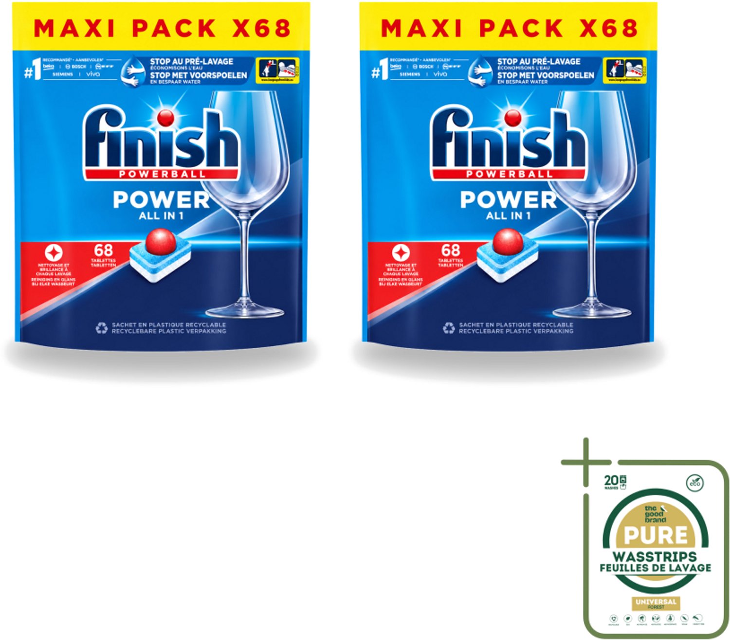 2 x Finish Powerball - Power All in 1 - Vaatwastabletten - Reiniging & Glans - 68 Tabletten - Wasstrips - Vaatwastabletten - Vaatwasmiddel - Reiniging - Vaatwasser - Anti-kalk