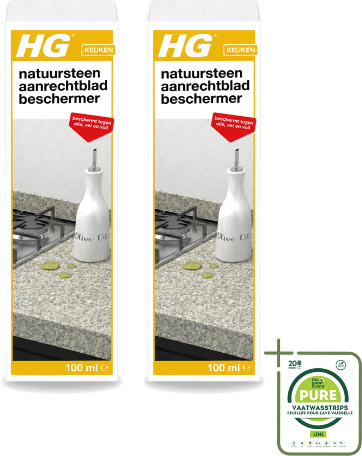 2 x HG - Natuursteen Aanrechtbladbeschermer - Beschermt Tegen Olie, Vet & Vuil - Inclusief doek - 100 ml - Grootverpakking - Vaatwasstrips - Natuursteen Beschermer - Olie Bescherming - Vet Bescherming - Vuil Bescherming - Marmer Bescherming