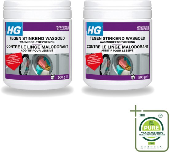 HG wasmiddeltoevoeging tegen stinkend wasgoed, 500g. Fles met label en afbeelding van een wasmachine.