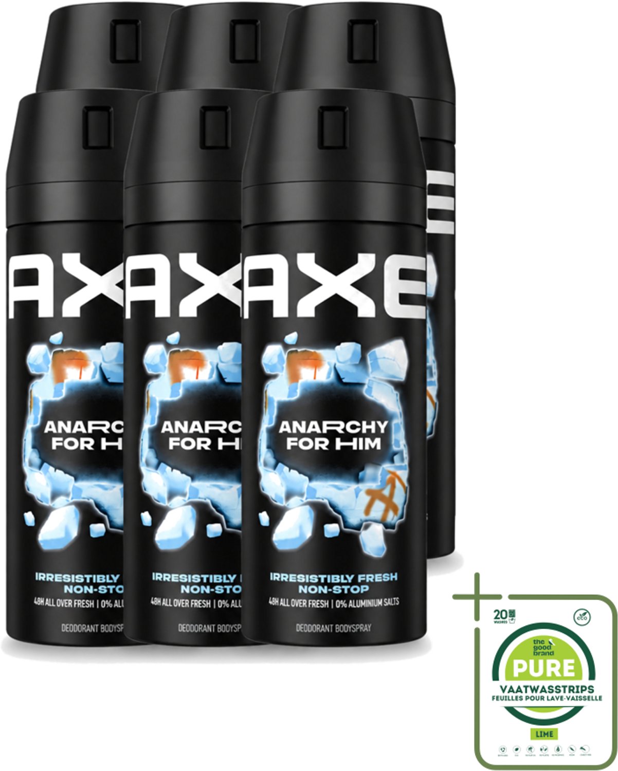 6 x Axe - Deodorant Bodyspray - 48hrs Fresh - Anarchy for Him - Dark Pomegranate & Sandalwood - 150 ml - Grootverpakking - Vaatwasstrips - 48 Uur Frisheid - Deodorant Bodyspray - Geur Van Granaatappel - Geur Van Sandelhout - Zinktechnologie