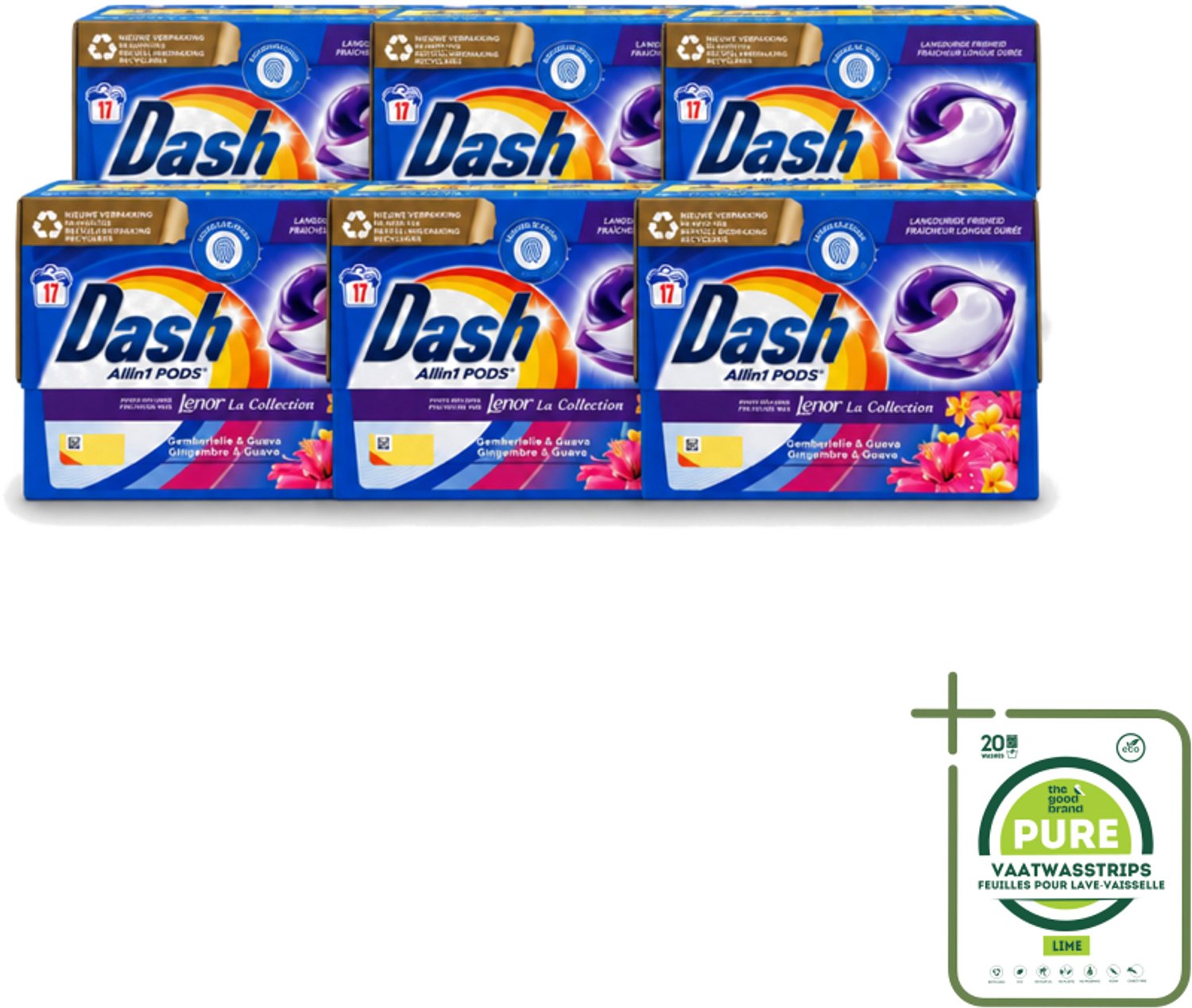 6 x Dash - Lenor Collectie - Wasmiddel Capsules - All-in-1 Pods - Witte en Gekleurde Was - Gemberlelie & Guava - 17 Wasbeurten - Grootverpakking - Wasmiddel Capsules - Wasmiddel Pod - Wasmiddel Wit - Wasmiddel Gekleurd - Wasmiddel Frisheid