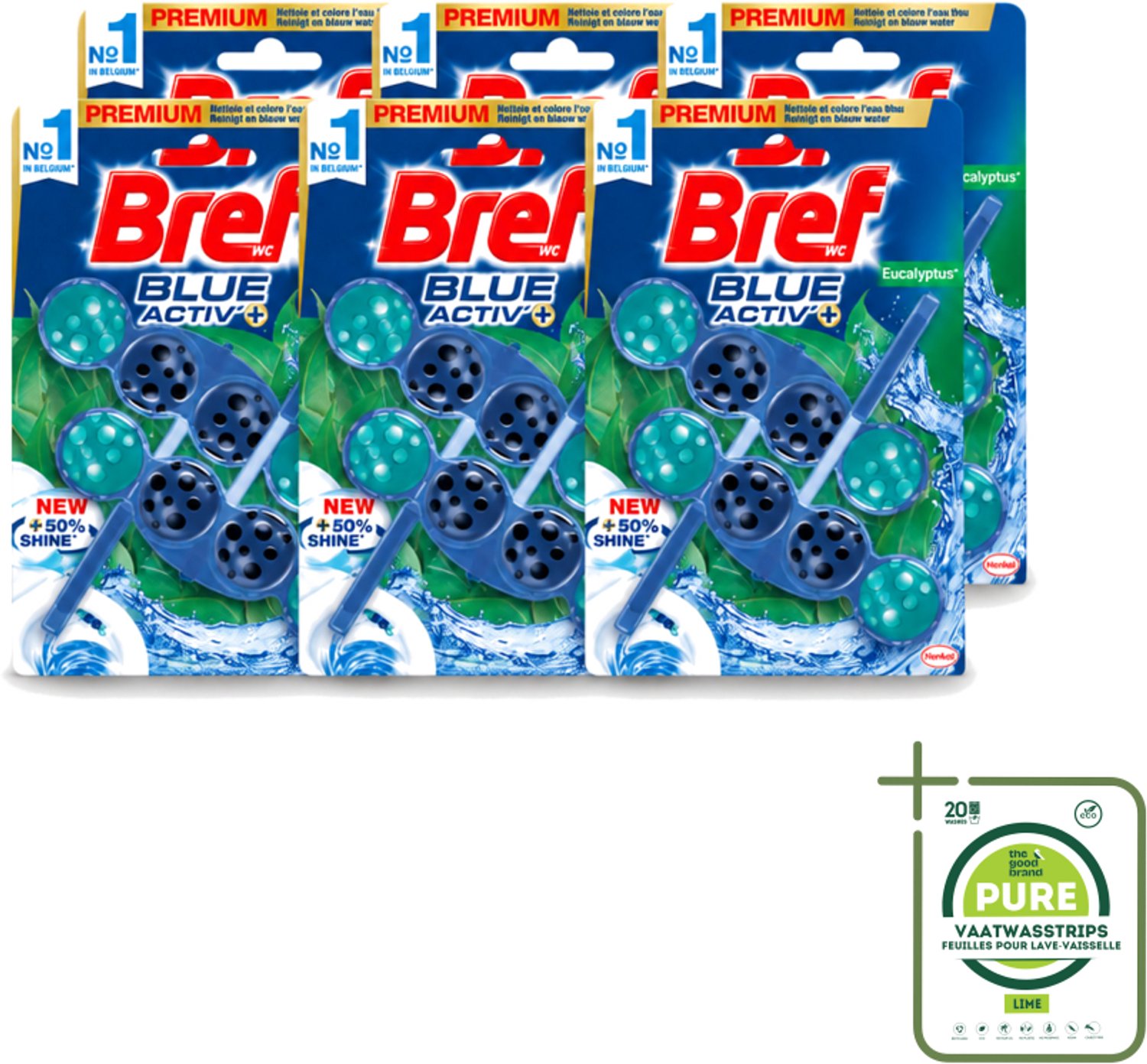 6 x Bref WC - Blue Activ' - Toiletblok - Eucalyptus - 2 Blokken - Grootverpakking - Vaatwasstrips - Toiletverzorging - Toilet Reinigen - Eucalyptus Geur - Geur Stop - Anti-kalk