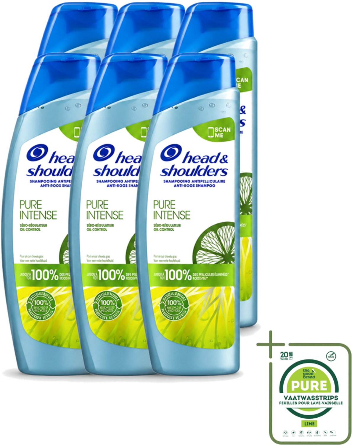 6 x Head & Shoulders - Anti-Roos Shampoo - Pure Intense - Oil Control - 250 ml - Grootverpakking - Vaatwasstrips - Roosvrij Haar - Oliecontrole - Schone Hoofdhuid - Vet Haar - Anti-roos Shampoo