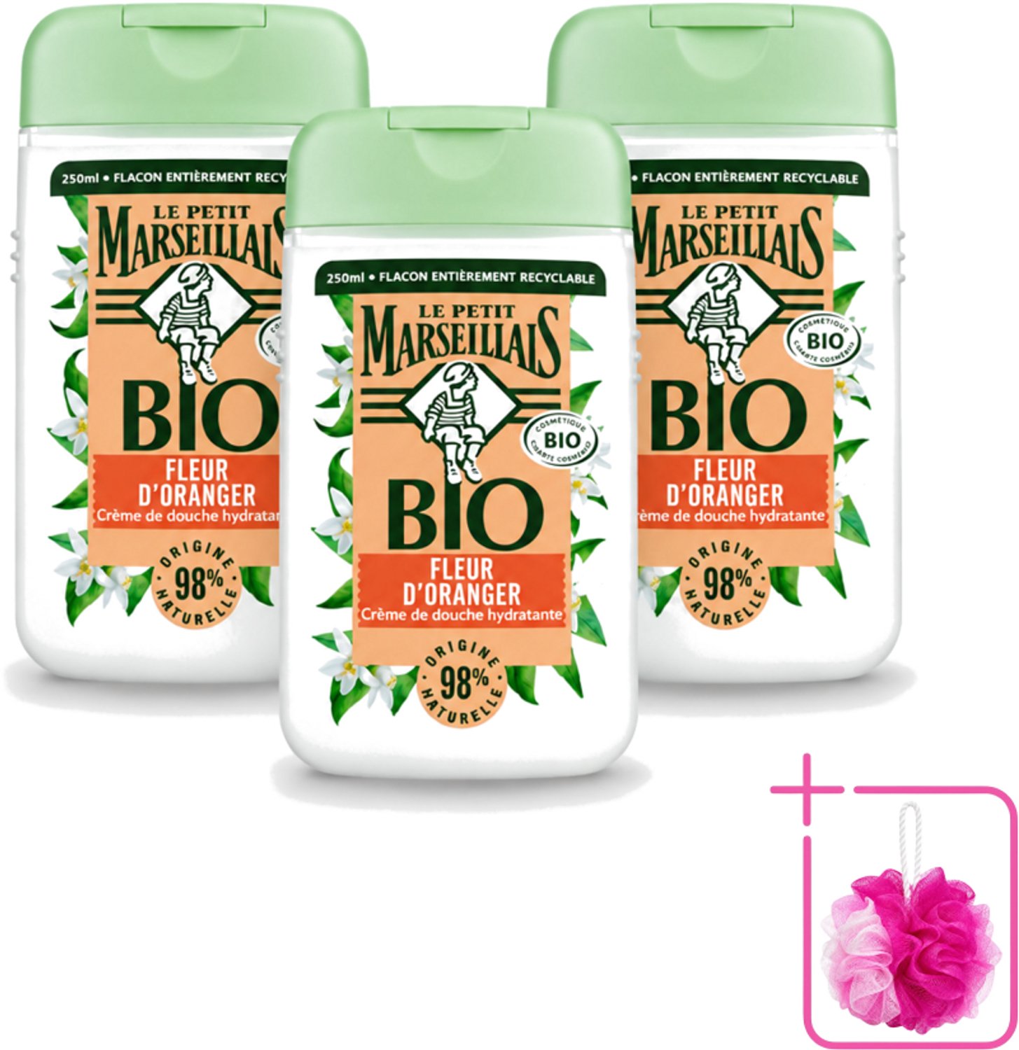 3 x Le Petit Marseillais – Douchegel – Fleur d’Oranger – 250 ml - Bulkverpakking - Douchegel oranje bloesem - Douchemop - Oranje bloesem geur