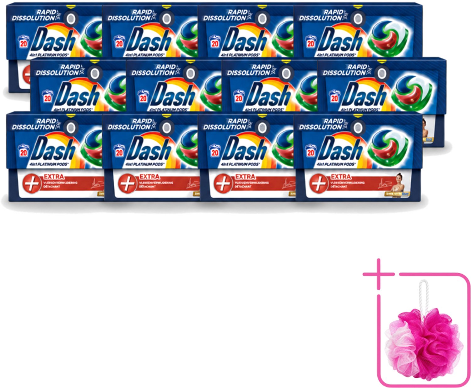 12 x Dash – Wasmiddel Pods 4-in-1 Platinum – Extra Vlekkenverwijdering – 20 Capsules - Bulkverpakking - Wasmiddelcapsules - Douchemop - Krachtige wasmiddel
