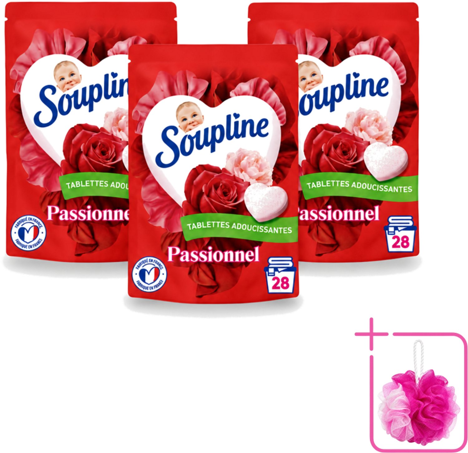 3 x Soupline – Wasverzachtertabletten – Harten Straling van Passiebloemboeket - 28 tabletten - Bulkverpakking - Wasverzachter tablet - Douchemop - Wasverzachter in tabletvorm
