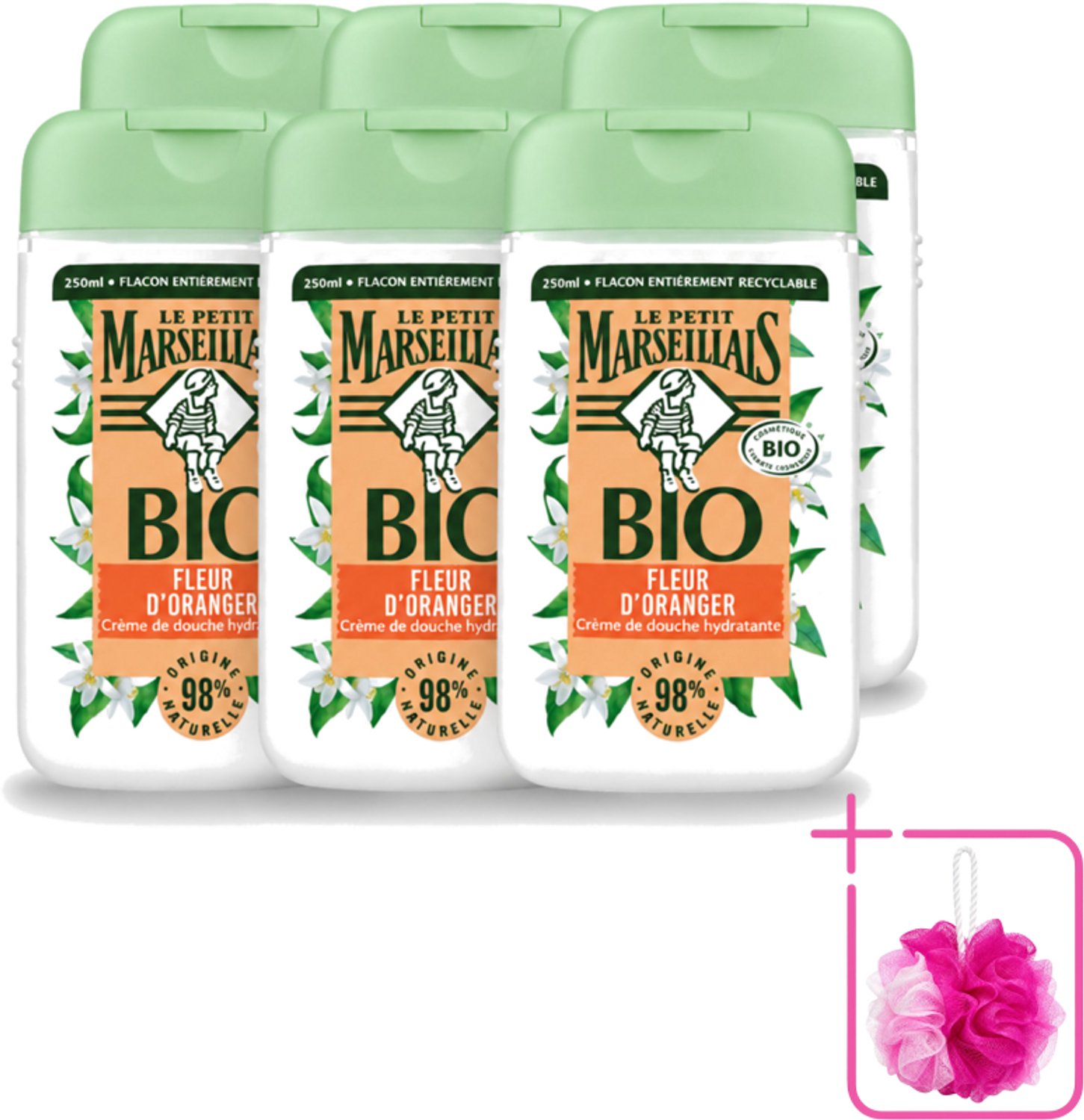 6 x Le Petit Marseillais – Douchegel – Fleur d’Oranger – 250 ml - Bulkverpakking - Douchegel oranje bloesem - Douchemop - Oranje bloesem geur