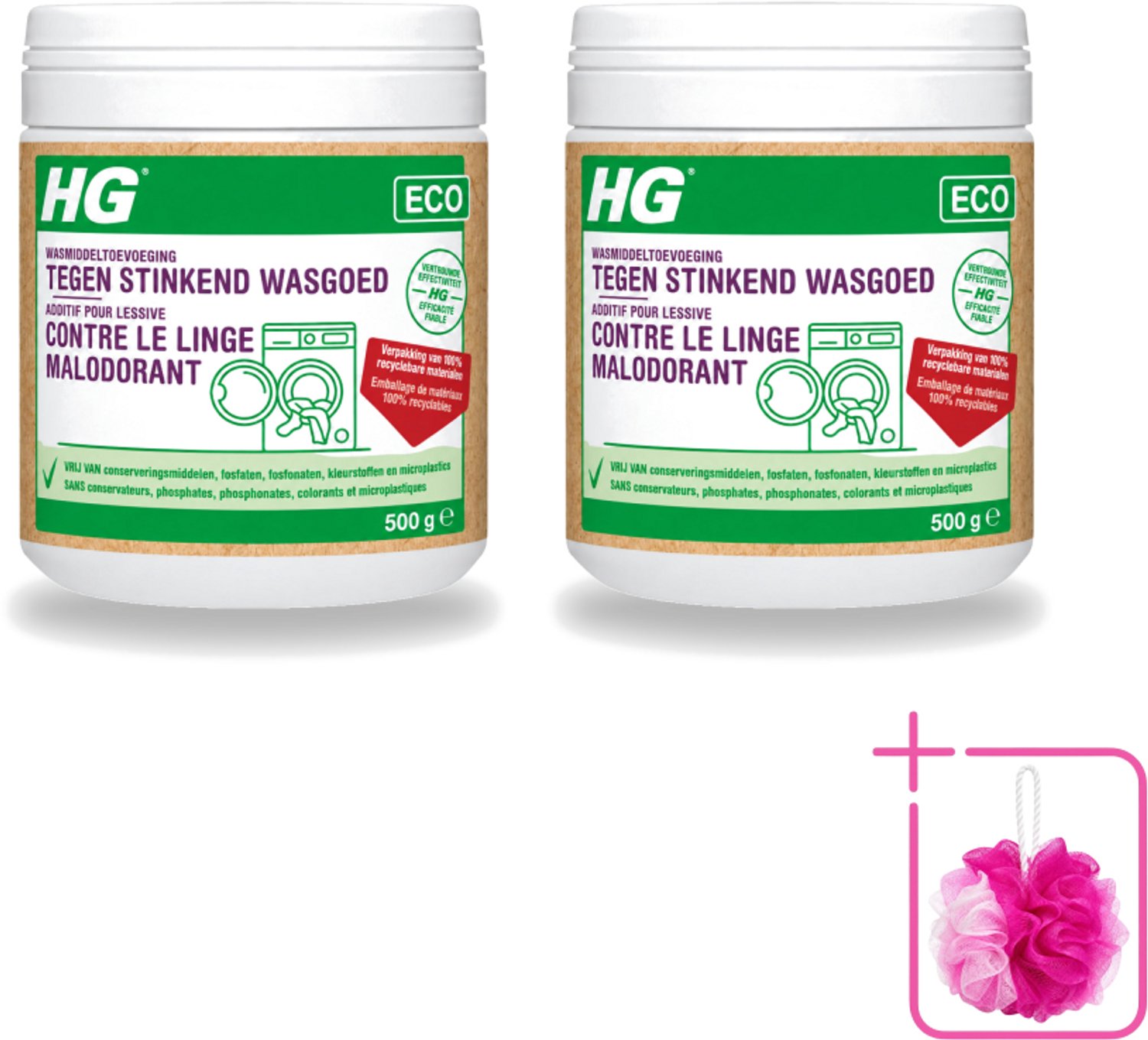 2 x HG ECO - Wasmiddeltoevoeging Tegen Stinkend Wasgoed - Effectieve Formule - 16 Wasbeurten - 500 g - Bulkverpakking - Wasmiddel - Douchemop - Stankmoleculen