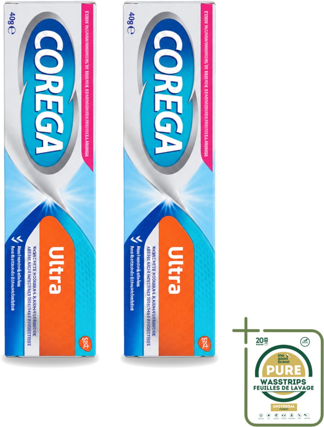 2 x Corega Ultra Kleefcrème - Krachtig Houvast & Bescherming - Met Verfrissende Mintsmaak - 40g - Wasstrips - Gebitprothese Kleefcrème - Houvast Gebitsprothese - Prothese Fixatie - Prothese Crème - Mintsmaak Prothese