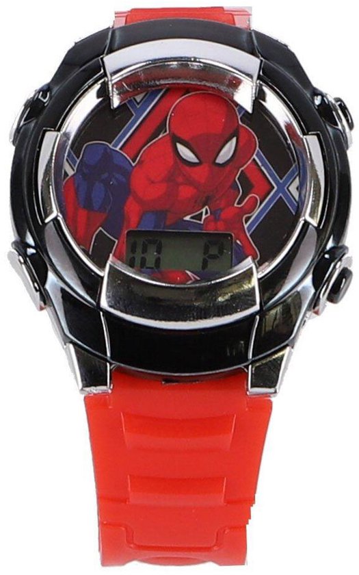 Montre enfant Spiderman rouge avec lunette noire et image de Spiderman.
