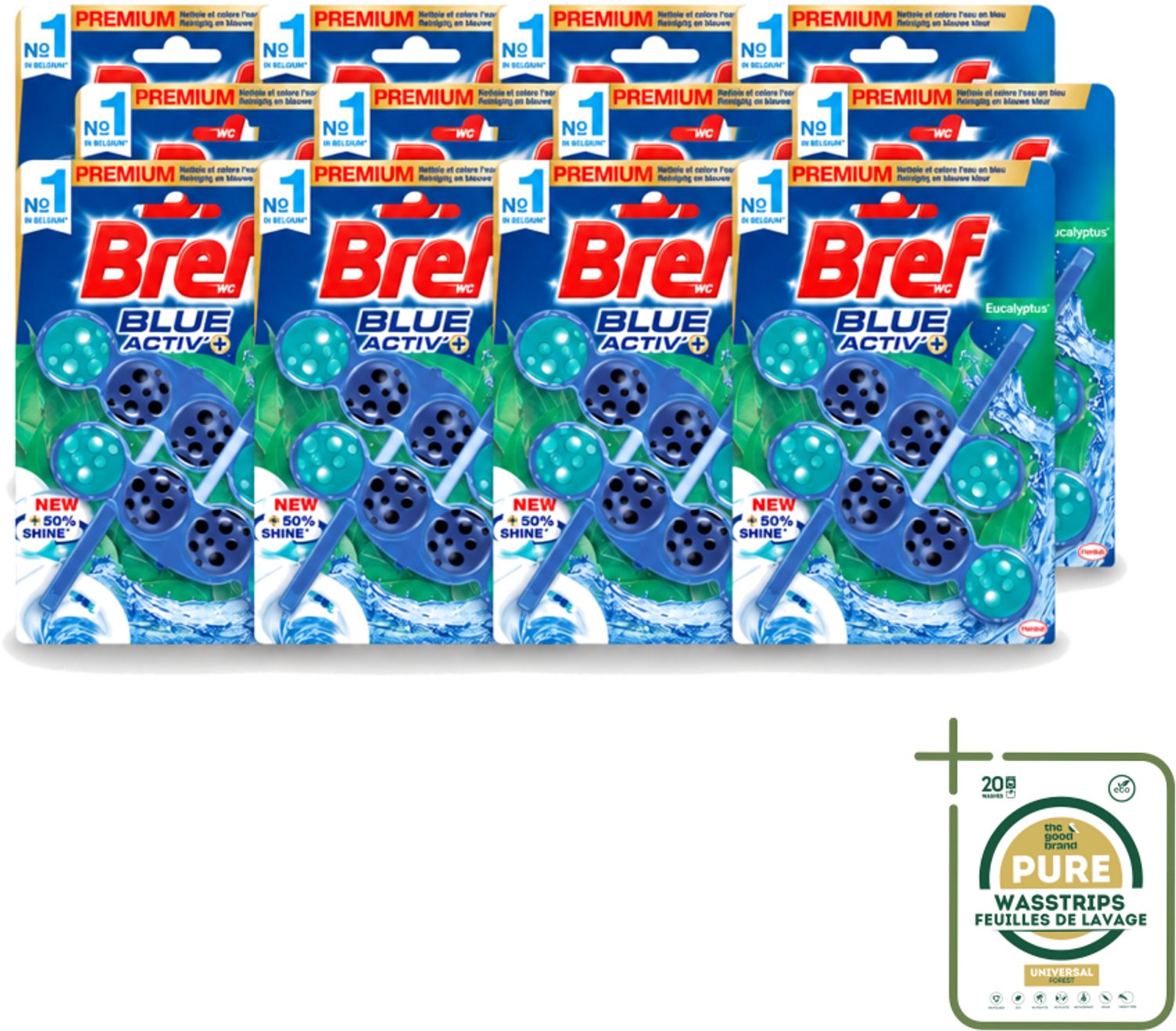 12 x Bref WC - Blue Activ' - Toiletblok - Eucalyptus - 2 Blokken - Wasstrips - Toiletverzorging - Toilet Reinigen - Eucalyptus Geur - Geur Stop - Anti-kalk