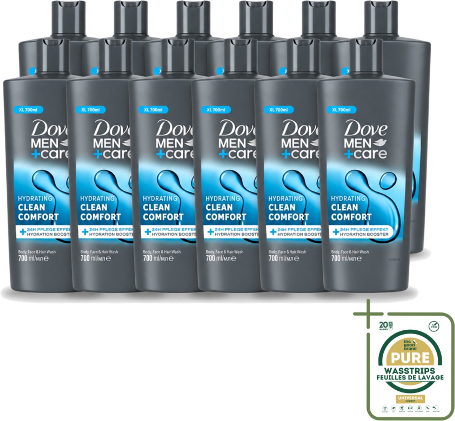 12 x Dove Men+Care - Clean Comfort - 3-in-1 Douchegel - Hydraterend- 700 ml - Wasstrips - Douchegel Voor Mannen - Lichaamsgel - Gezichtsgel - Haarverzorging - Hydraatende Douchegel